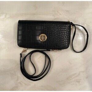 Crossbody Wristlet Wallet Pocketbook Purse Zip Around Black Crocodile Print